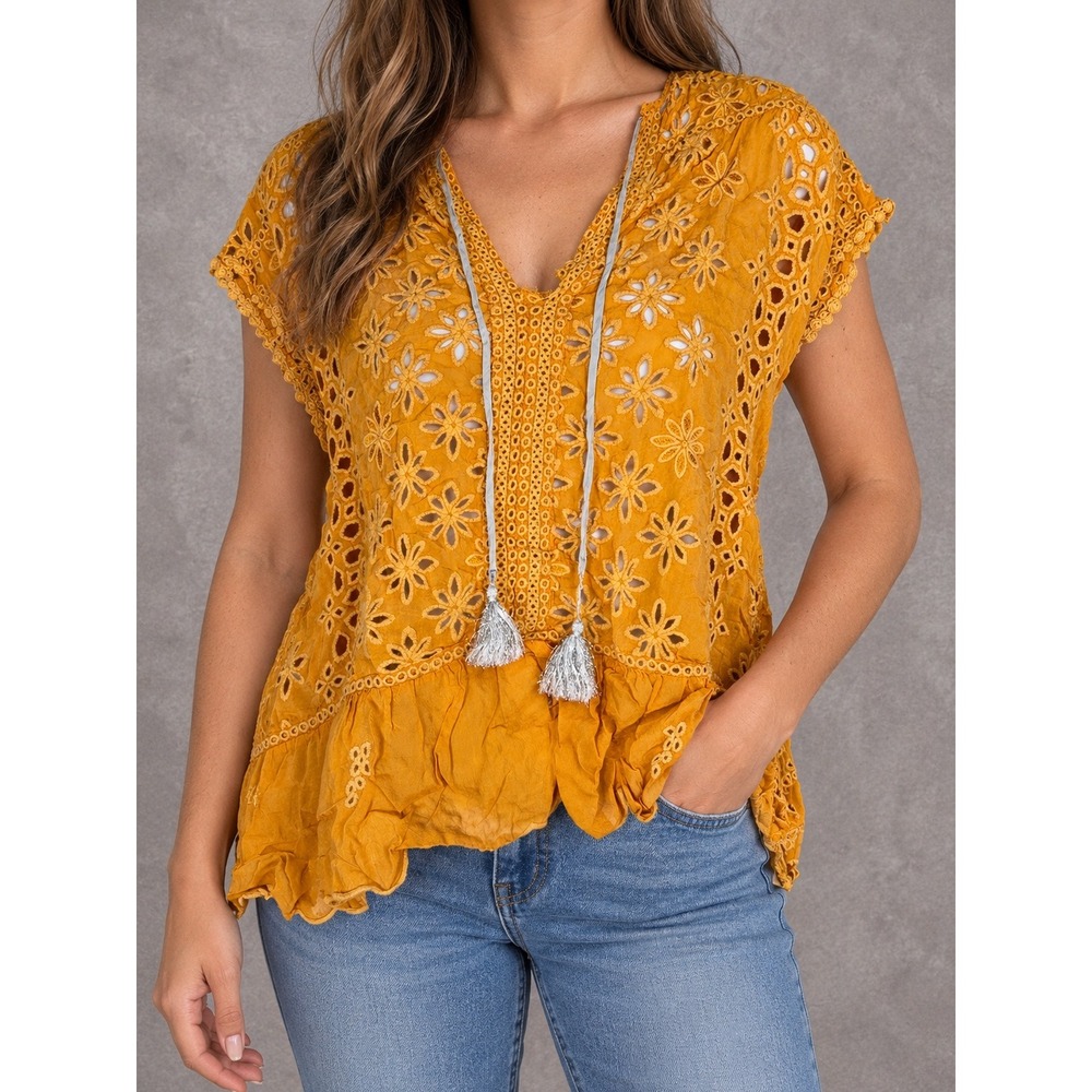 Johnny Was Embroidered Eyelet Top Womens Small Mustard Yellow Boho Tassel Blouse